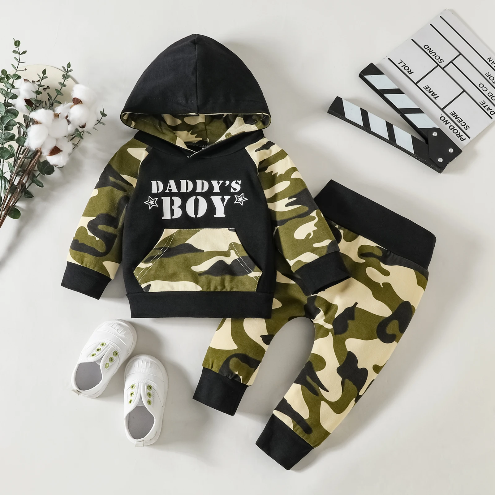 Baby-Boys-New-Army-Green-Camouflage-Letter-Print-Hooded-Long-Sleeve-Top-Trousers-Two-piece-Set