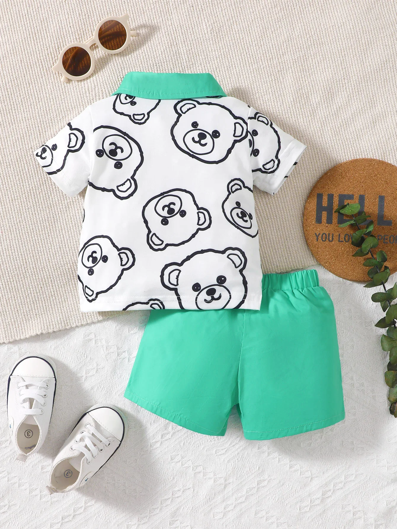 Baby-Boys-Summer-Short-Sleeve-Bear-Print-Contrast-Collar-Polo-and-Flap-Pocket-Shorts-Set-1