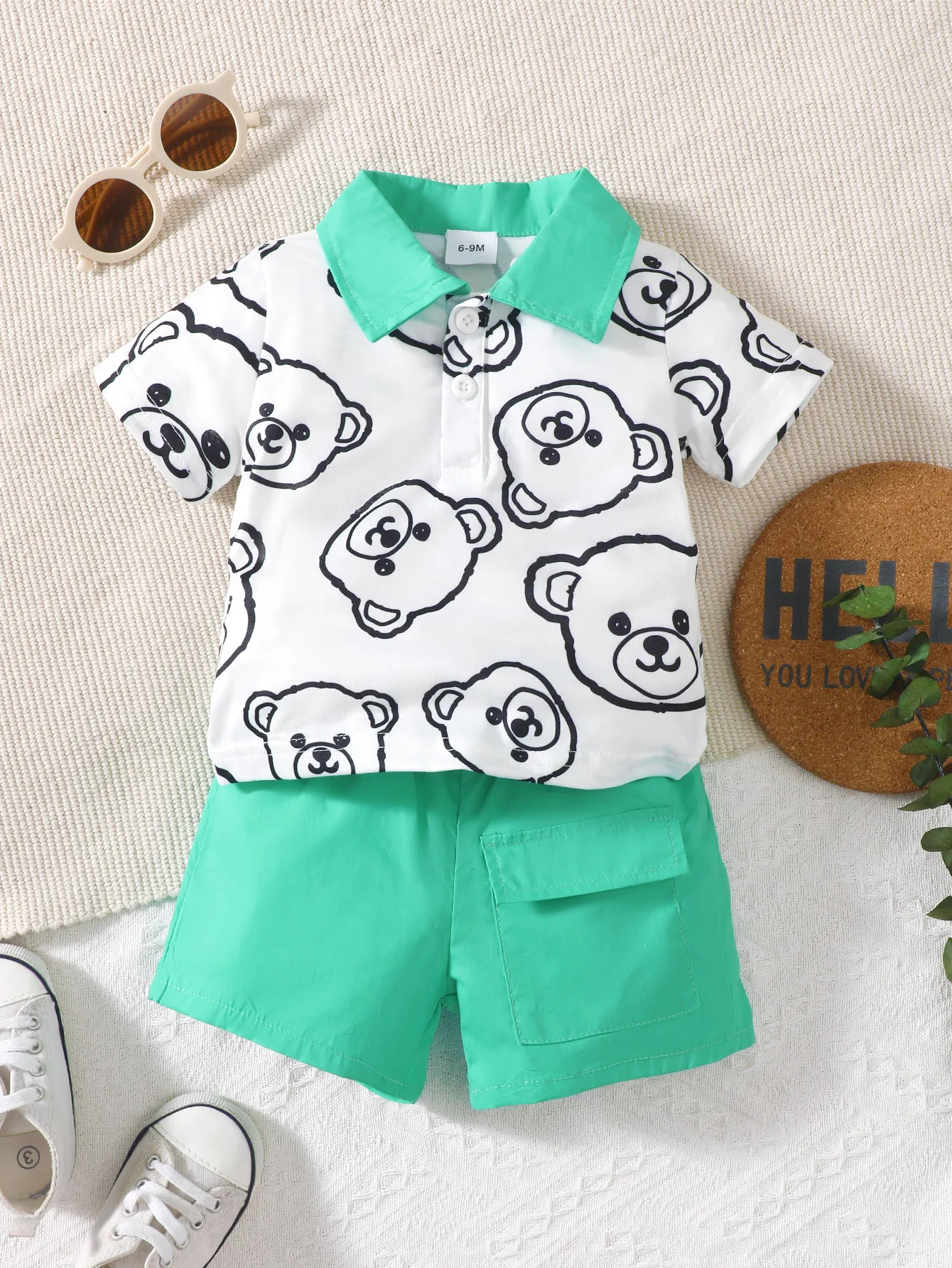 Baby-Boys-Summer-Short-Sleeve-Bear-Print-Contrast-Collar-Polo-and-Flap-Pocket-Shorts-Set-2