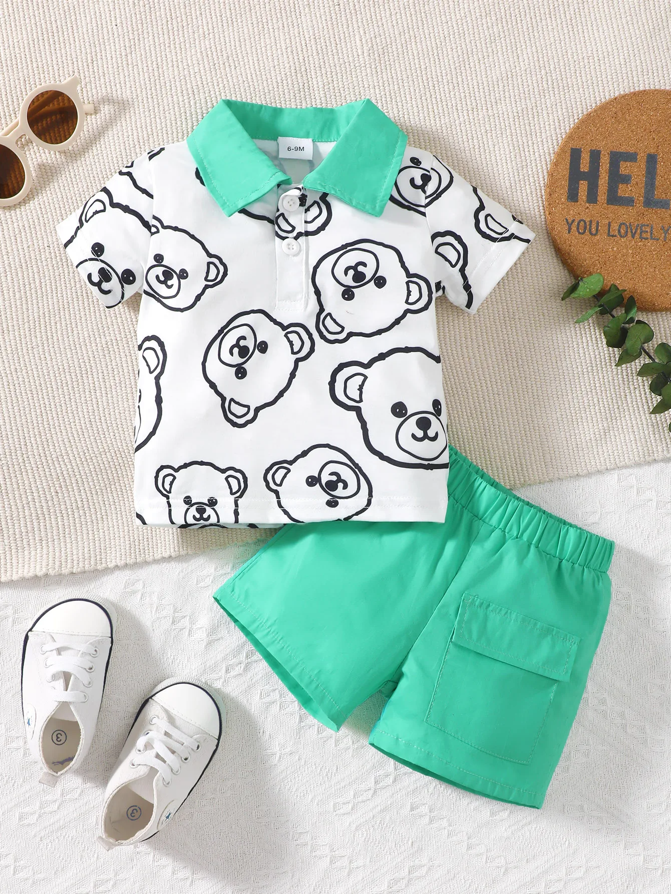 Baby-Boys-Summer-Short-Sleeve-Bear-Print-Contrast-Collar-Polo-and-Flap-Pocket-Shorts-Set