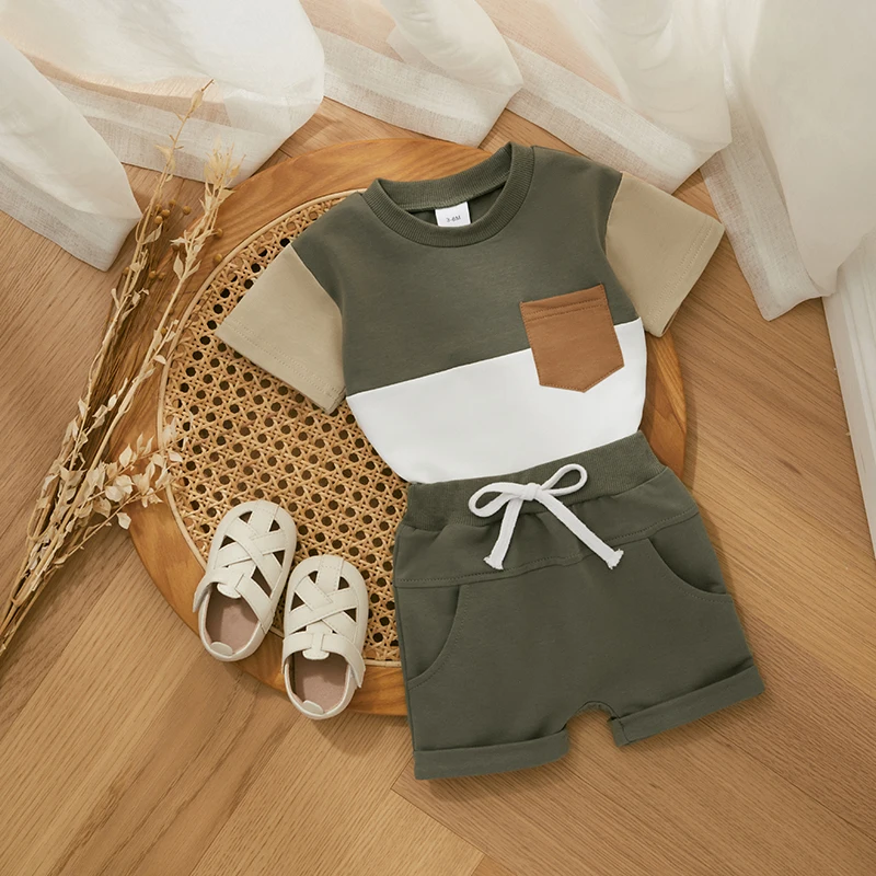 Fashion-Summer-Baby-Boys-Clothes-Set-Short-Sleeve-Pocket-Contrast-Color-T-shirt-Elastic-Waist-Shorts-1
