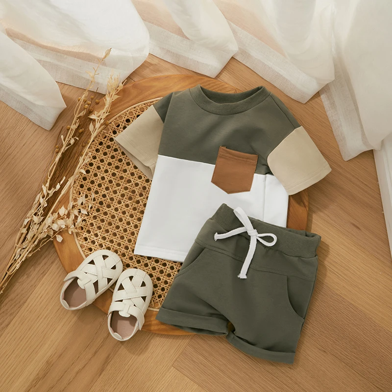 Fashion-Summer-Baby-Boys-Clothes-Set-Short-Sleeve-Pocket-Contrast-Color-T-shirt-Elastic-Waist-Shorts-2