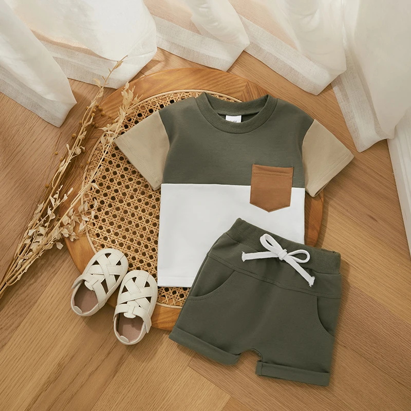 Fashion-Summer-Baby-Boys-Clothes-Set-Short-Sleeve-Pocket-Contrast-Color-T-shirt-Elastic-Waist-Shorts
