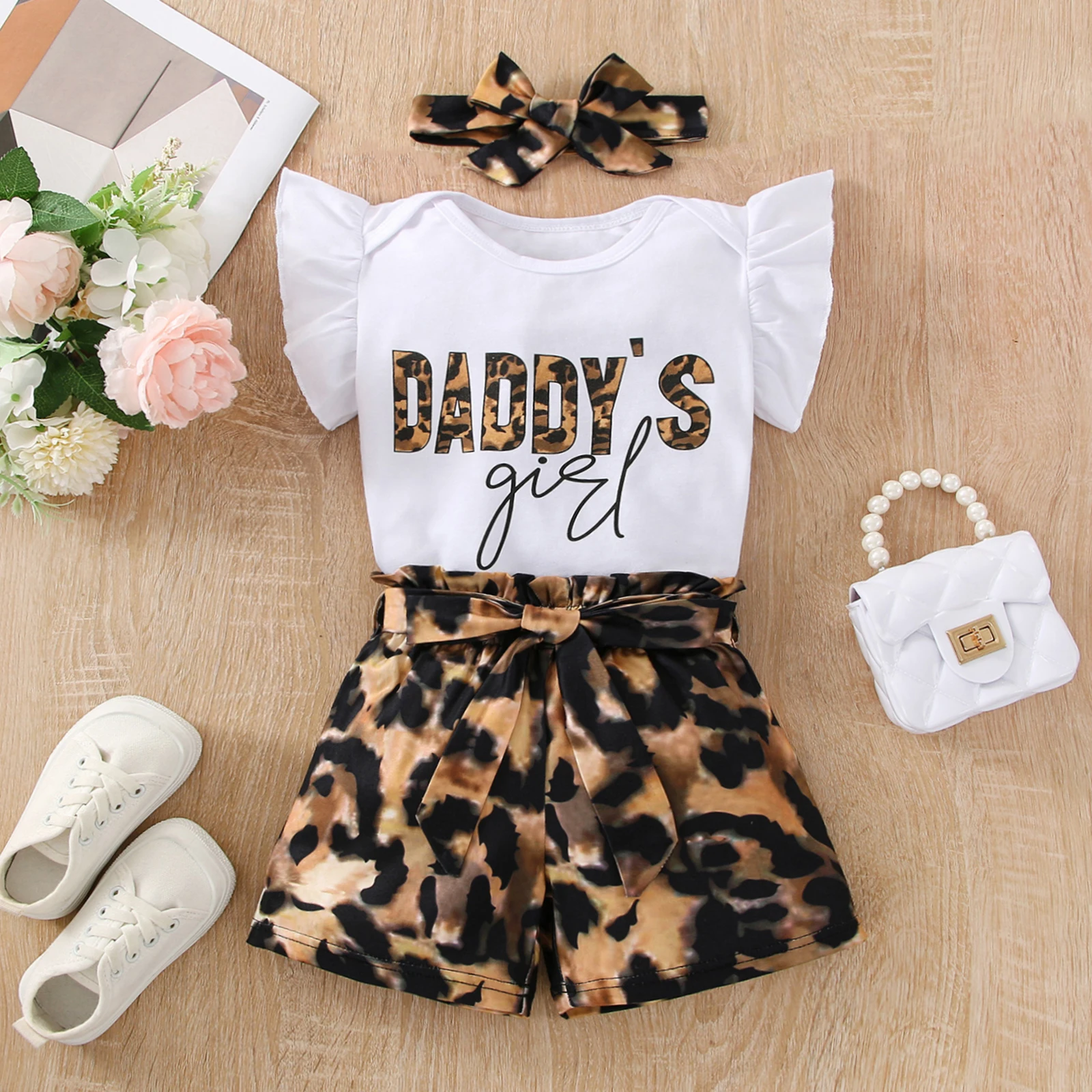 Girls-Ruffle-Shoulder-Sleeveless-Romper-Bodysuit-Leopard-Print-Shorts-With-Belt-Headband-Set-Baby-Clothes