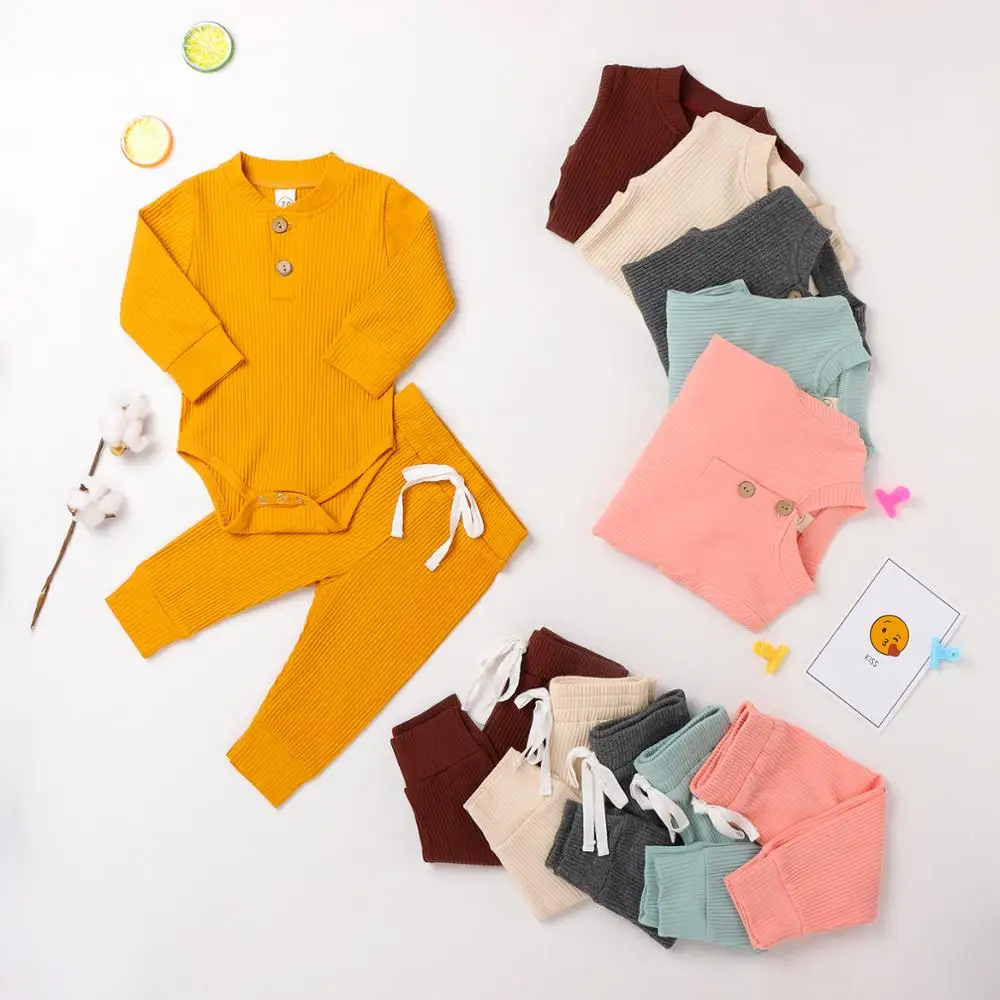 Infant-Newborn-Baby-Girl-Boy-Spring-Autumn-Ribbed-Plaid-Solid-Clothes-Sets-Long-Sleeve-Bodysuits-Elastic-4